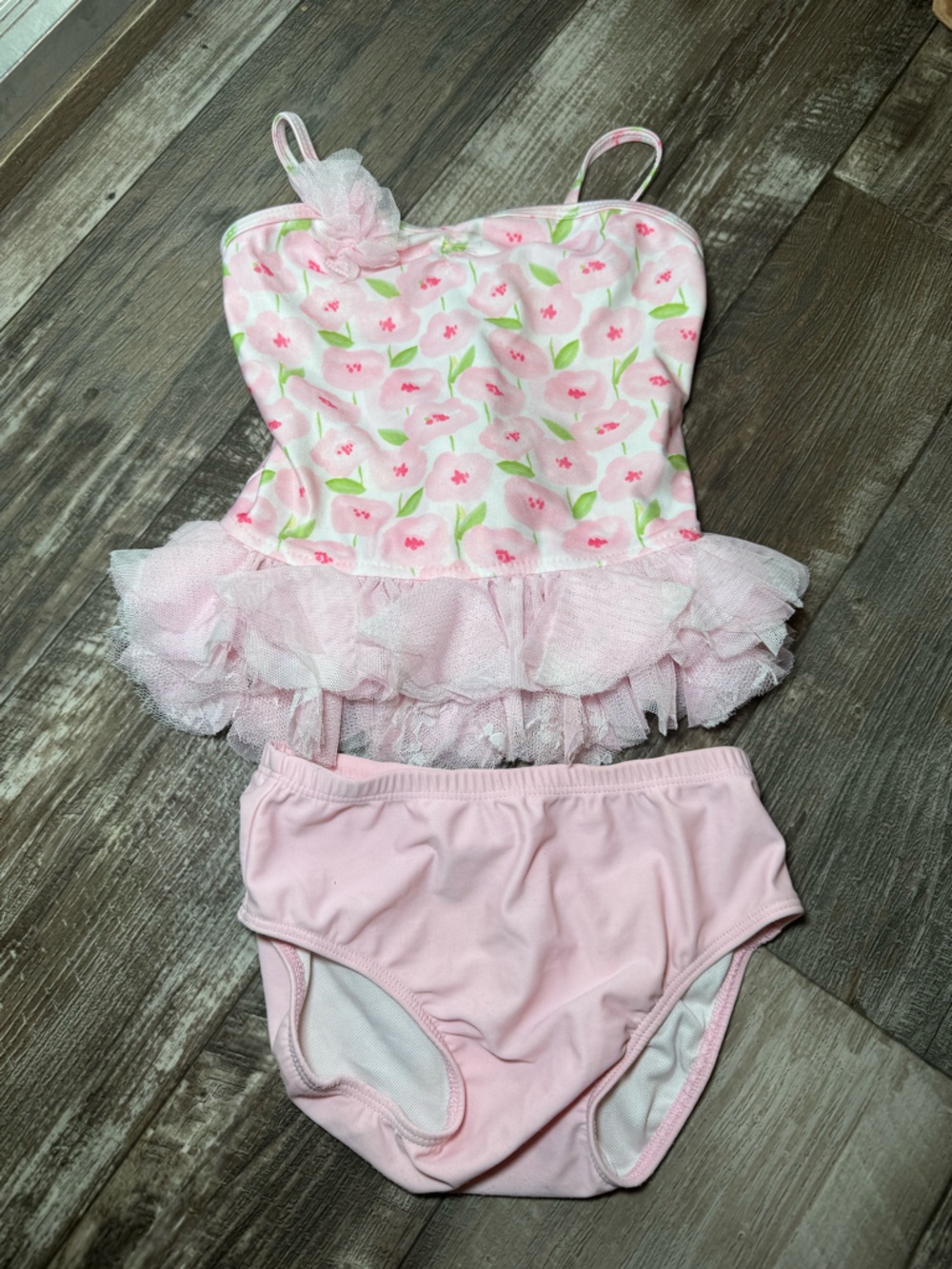 Isobella and Chloe Pink Floral Ruffle Toddler Swimsuit